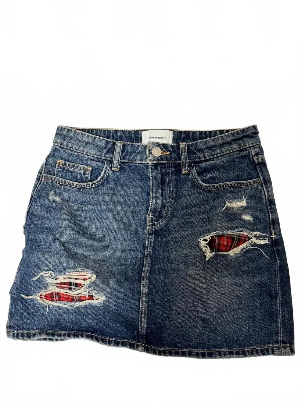 Current/Elliott Denim Mini Skirt Plaid Patch Distressed Size 27